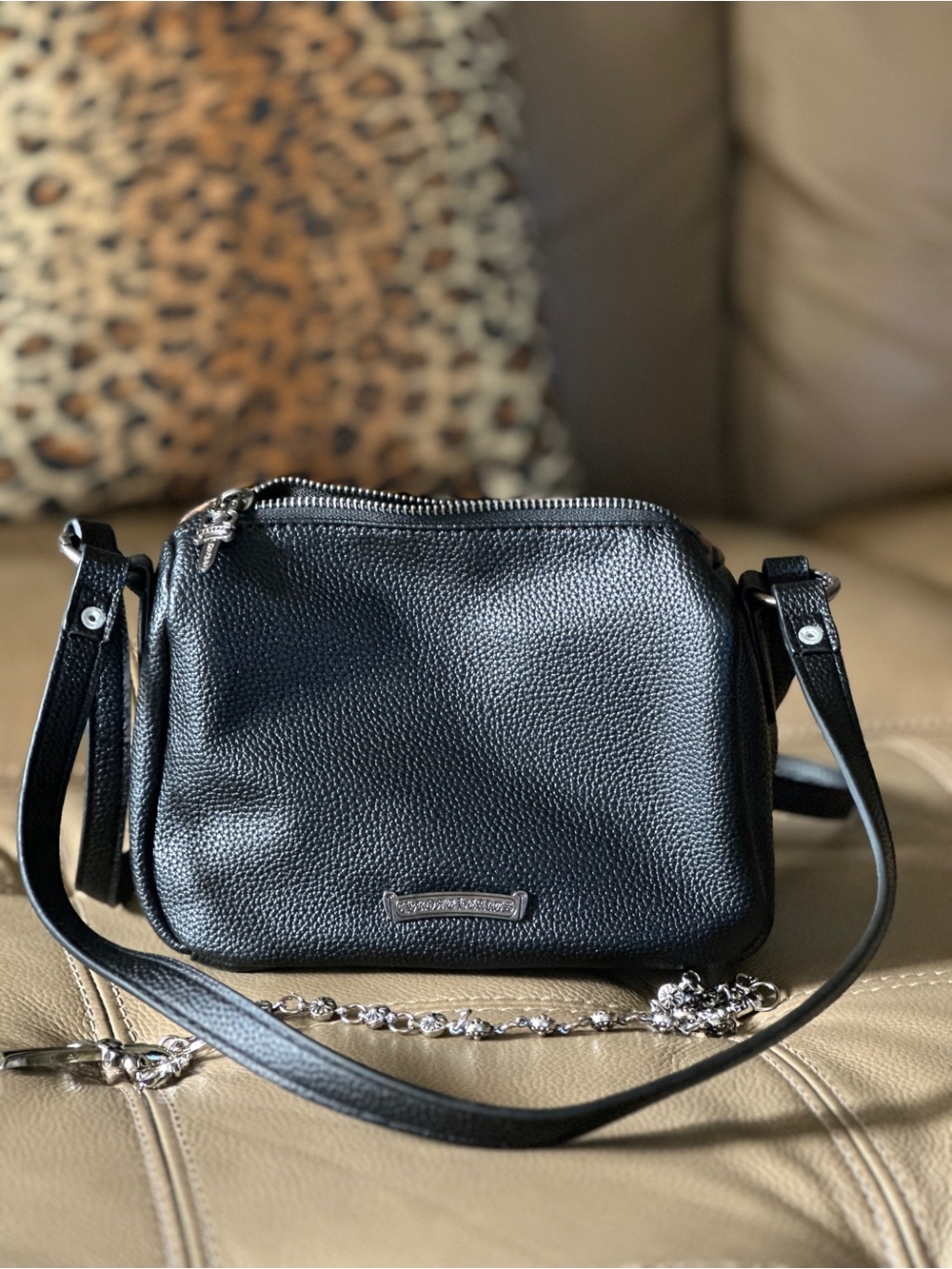 Black Pebbled Leather Crossbody with Silver Chain Accents